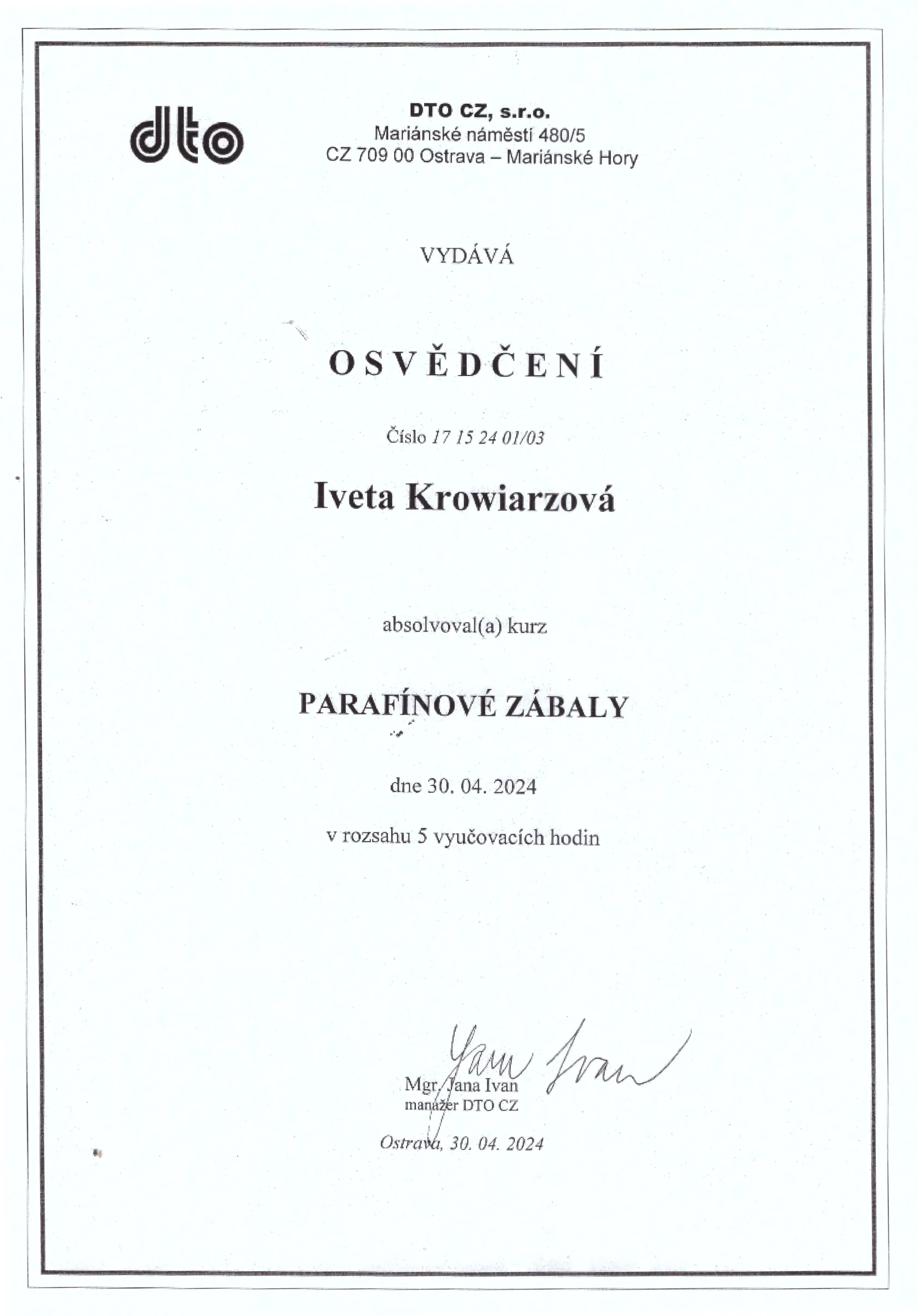 Certifikát pro parafínové zábaly
