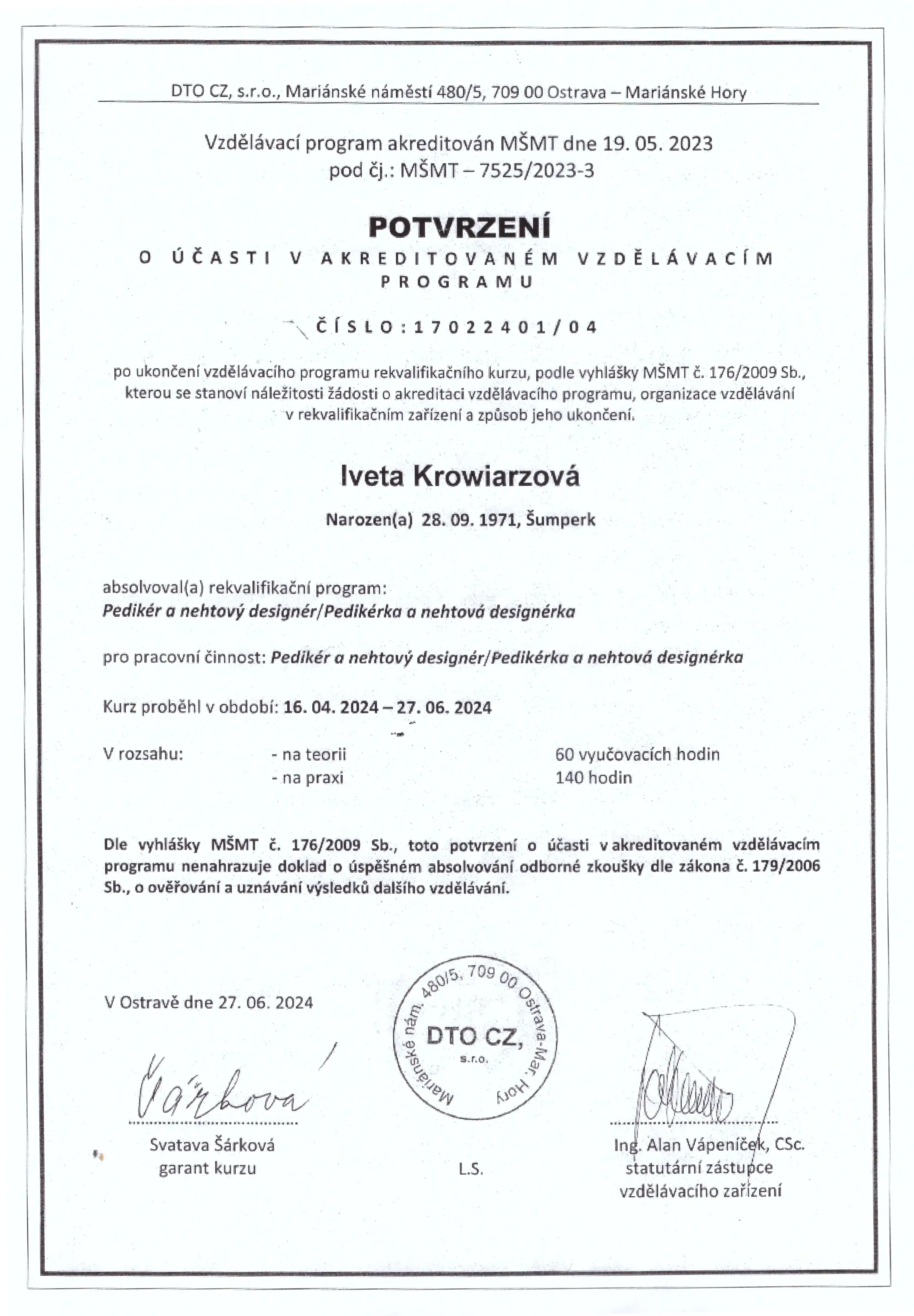 Certifikát pro pedíkérku a nehtovou designérku 2