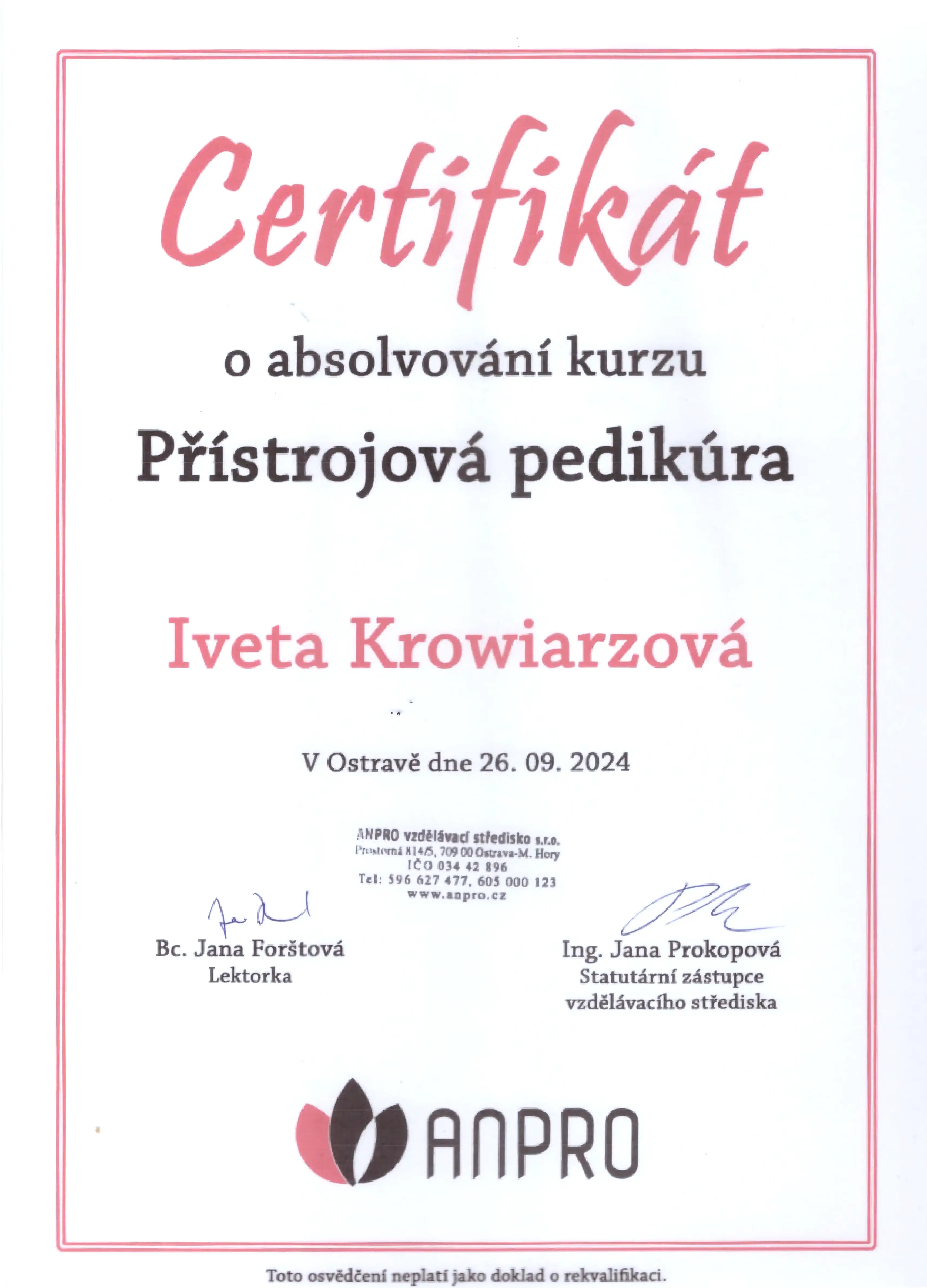Certifikát pro přístrojovou pedikúru